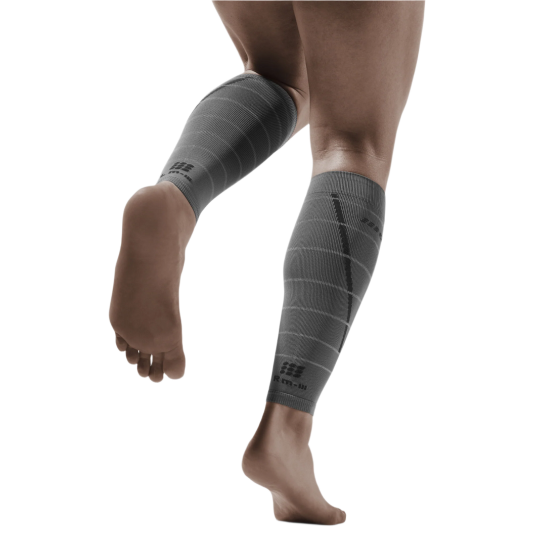 Reflective Compression Calf Sleeves, Men, Grey/Silver, Back View Model