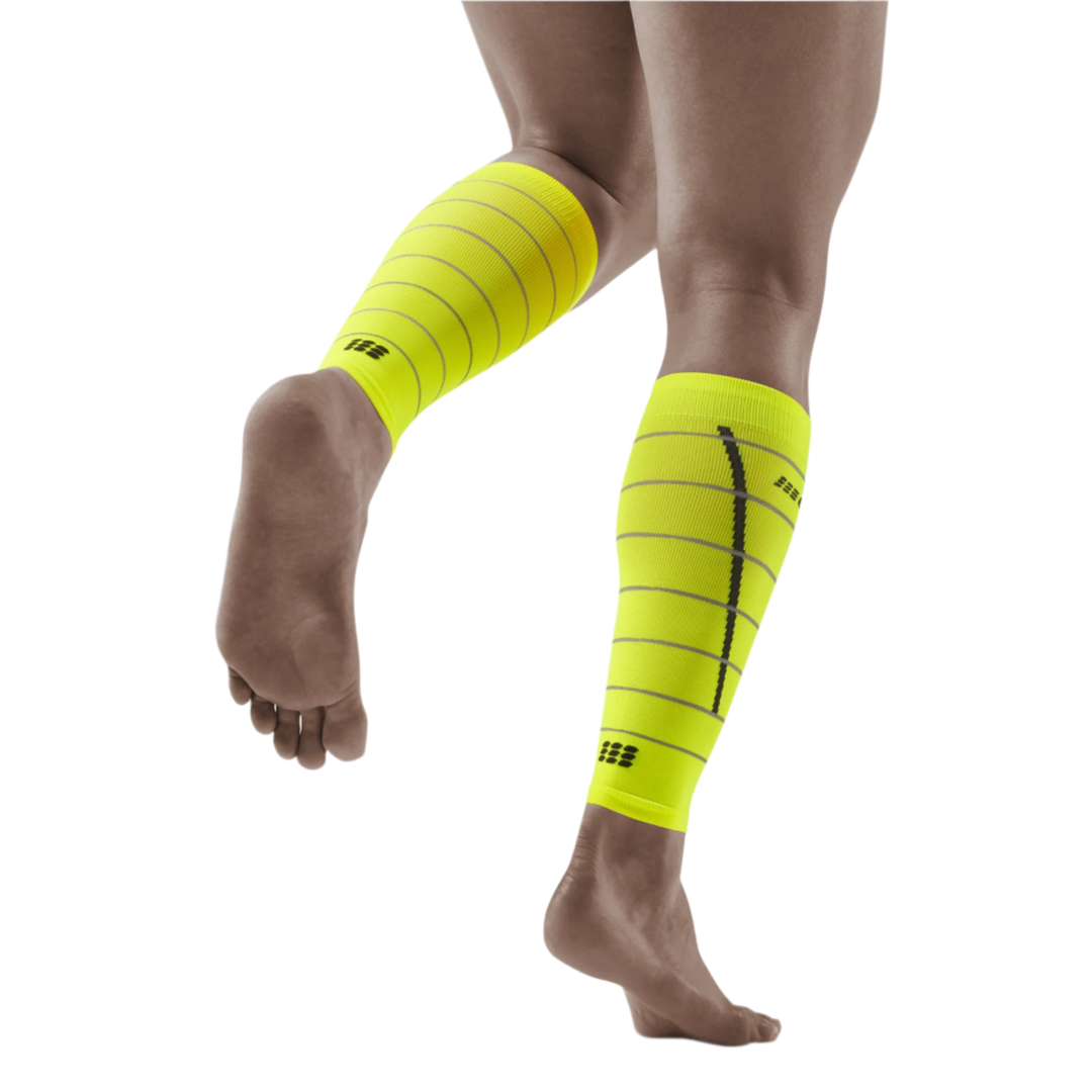 Reflective Compression Calf Sleeves, Men, Neon Yellow/Silver, Back View Model