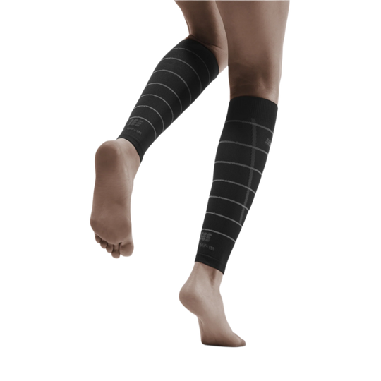 Reflective Compression Calf Sleeves, Women, Black/Silver, Back View Model