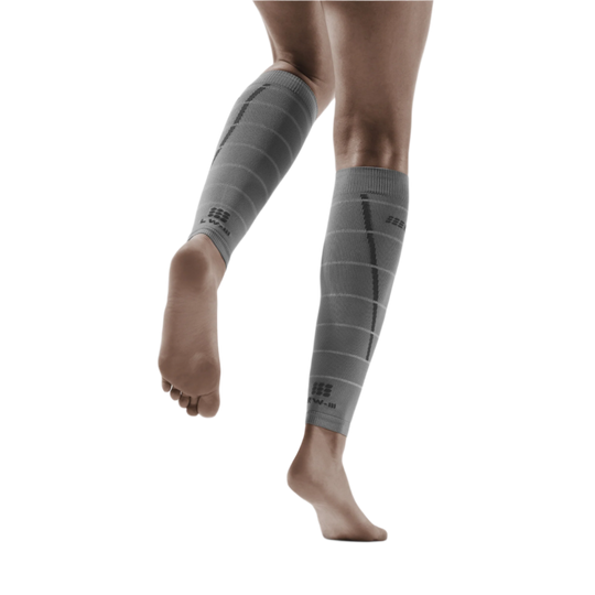 Reflective Compression Calf Sleeves, Women, Grey/Silver, Back View Model