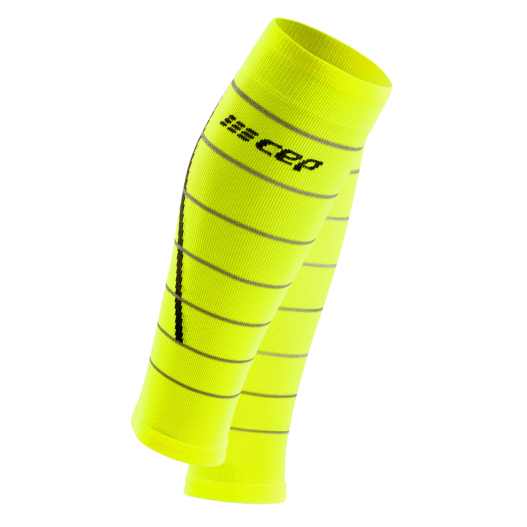 Reflective Compression Calf Sleeves, Men, Neon Yellow/Silver, Front View