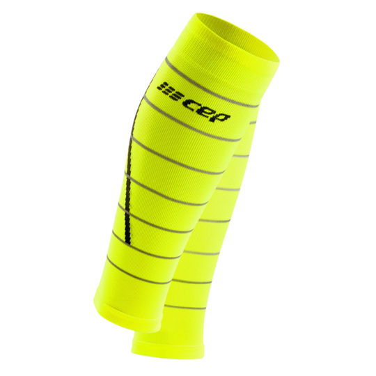 Reflective Compression Calf Sleeves, Men, Neon Yellow/Silver, Front View