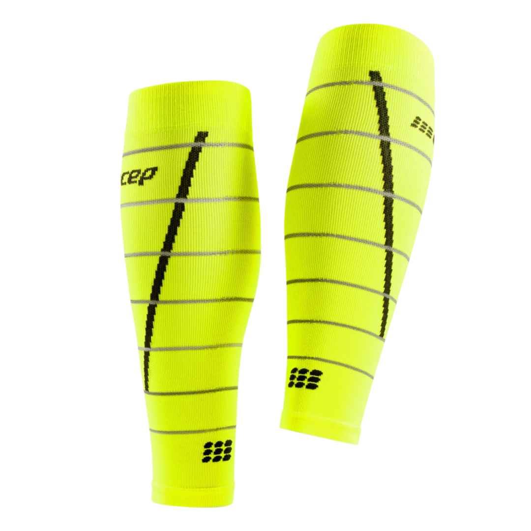 Reflective Compression Calf Sleeves, Women, Neon Yellow/Silver, Back View