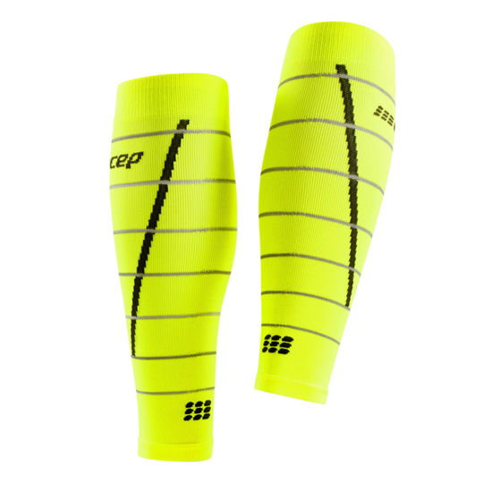 Reflective Compression Calf Sleeves, Women, Neon Yellow/Silver, Back View