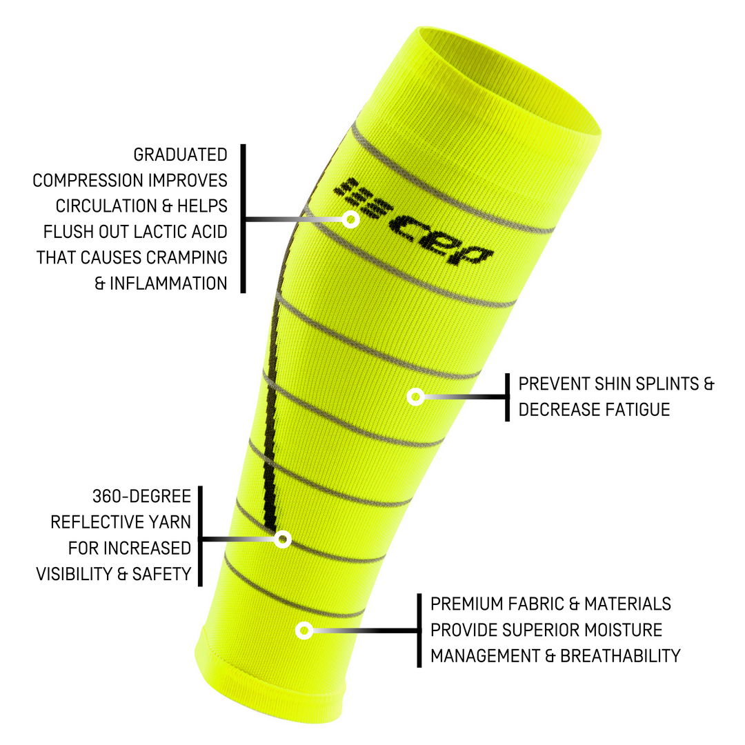 Reflective Compression Calf Sleeves, Women, Neon Yellow/Silver, Detail