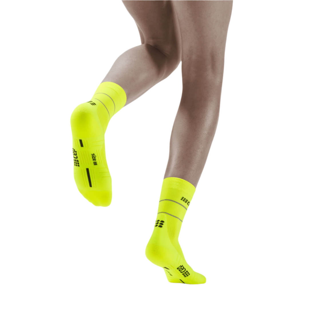 Reflective Mid Cut Compression Socks, Women, Neon Yellow/Silver, Back View Model