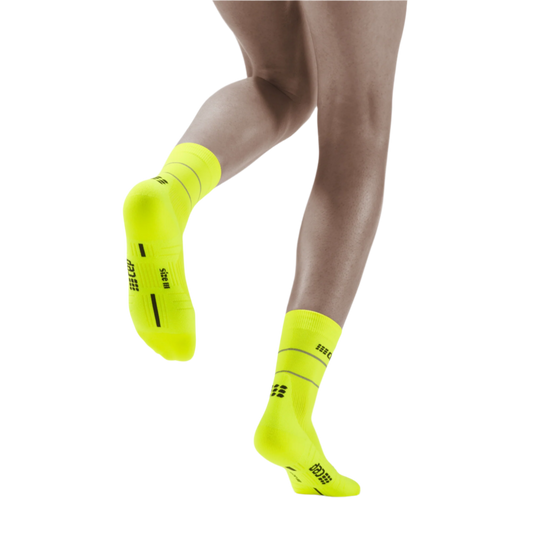 Reflective Mid Cut Compression Socks, Women, Neon Yellow/Silver, Back View Model