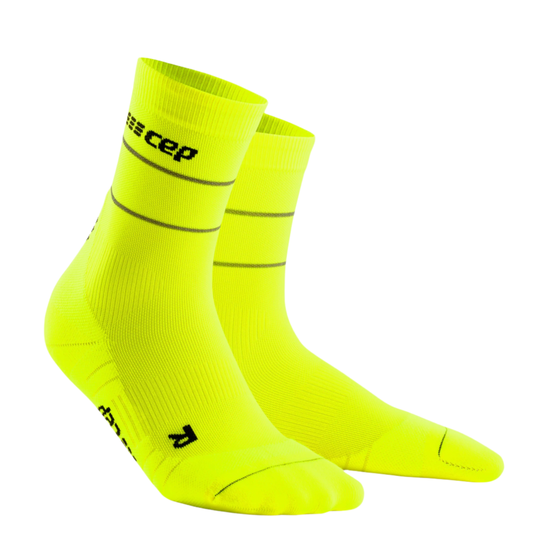 Reflective Mid Cut Compression Socks, Women, Neon Yellow/Silver, Front View