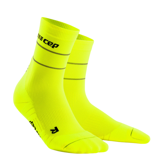 Reflective Mid Cut Compression Socks, Women, Neon Yellow/Silver, Front View