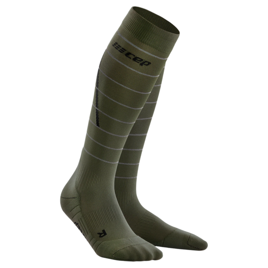 Reflective Tall Compression Socks, Men, Dark Green/Silver, Front View