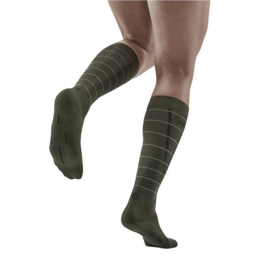 Reflective Tall Compression Socks, Men, Dark Green/Silver, Back View Model