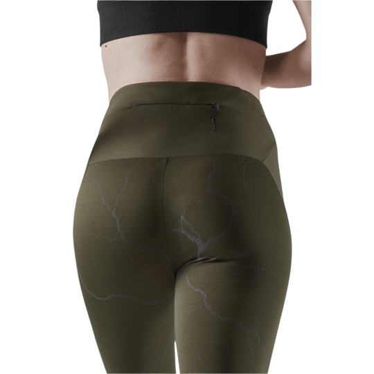 Reflective Tights, Women, Dark Green, Back Close-up Detail