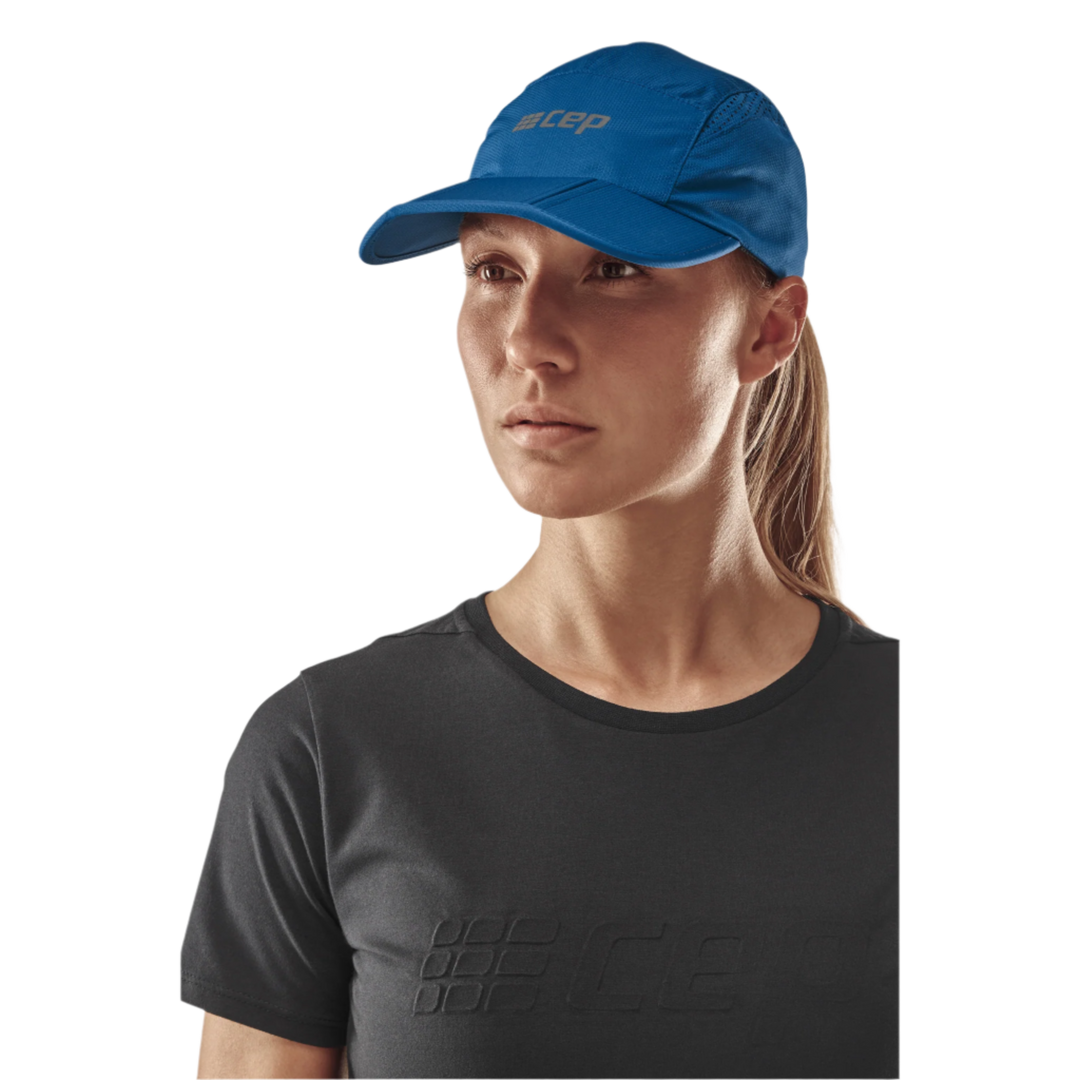 Run Cap, Blue, Front View Model, Women